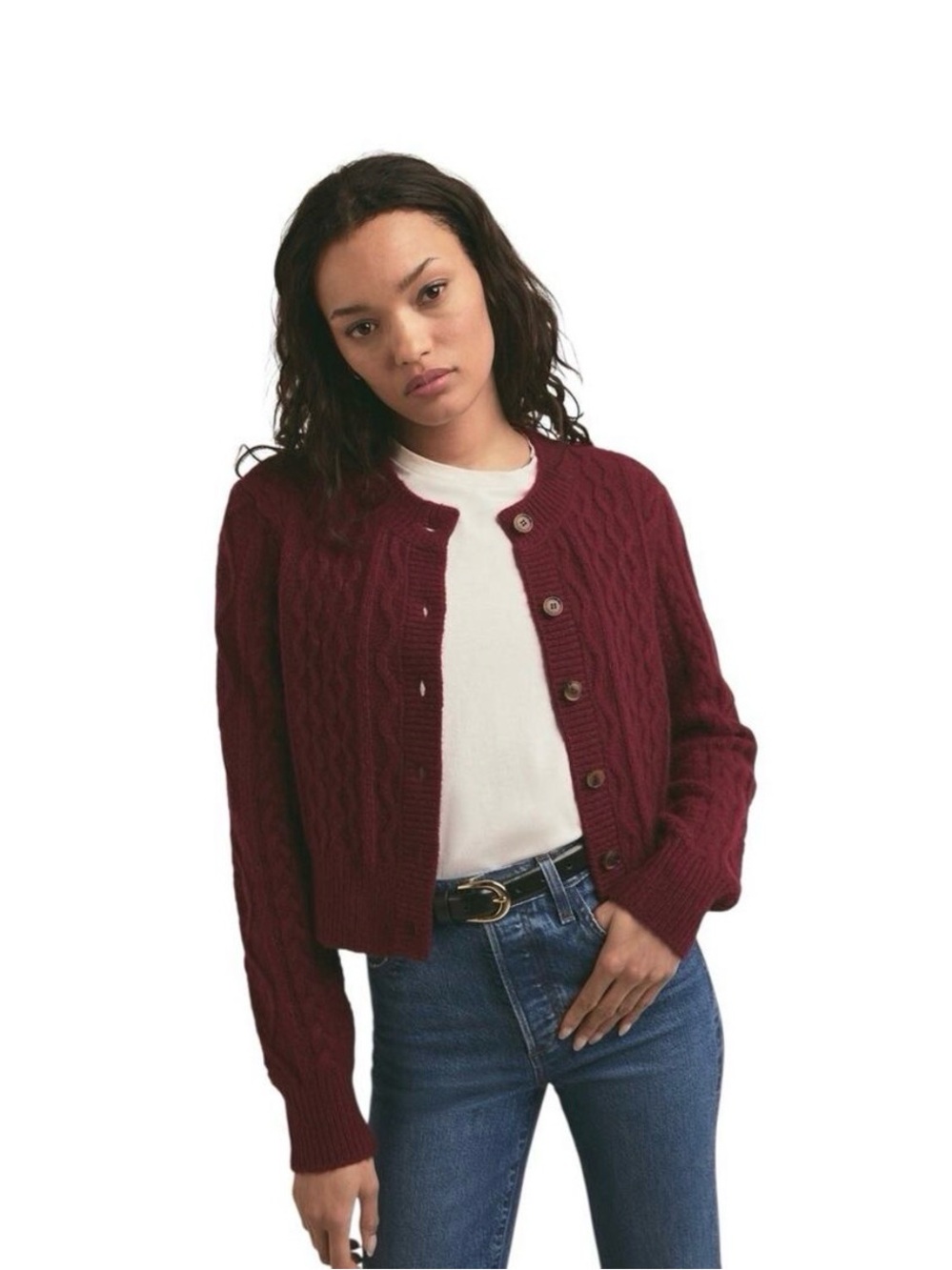 Favorite Daughter Cropped Cable-Knit Button Cardigan - Burgundy XS